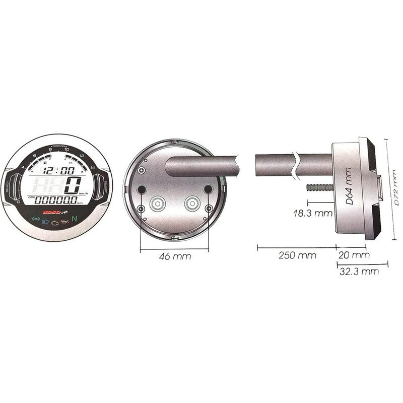 KOSO D64 DL-03S (Black) Speedometer + Tachometer +Indicator Lights (Display LCD)