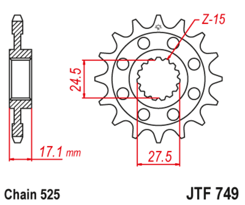 EK/JT Chain kit 525 MVXZ2 - 16/42-124 - Steel Standard Rear Sprocket