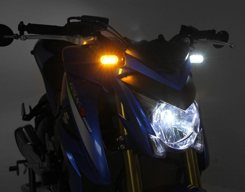 DENALI T3 Switchback M8 LED 2in1 Indicator DRL Combination Body Black / Lens Clear (Pair), Front