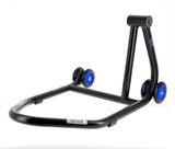 BIHR Home Track Right Single Arm Paddock Stand Matt Black Blue Wheels