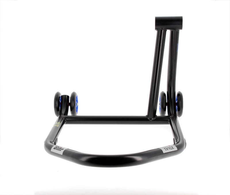 BIHR Home Track Right Single Arm Paddock Stand Matt Black Blue Wheels