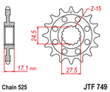 EK/JT Chain kit 525 MVXZ2 - 16/42-124 - Steel Standard Rear Sprocket